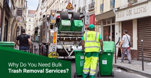 Garbage collector with green plastic containers removing junks.